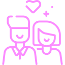 A simple pink line drawing of a couple smiling, with a heart above them, symbolizing love and connection.