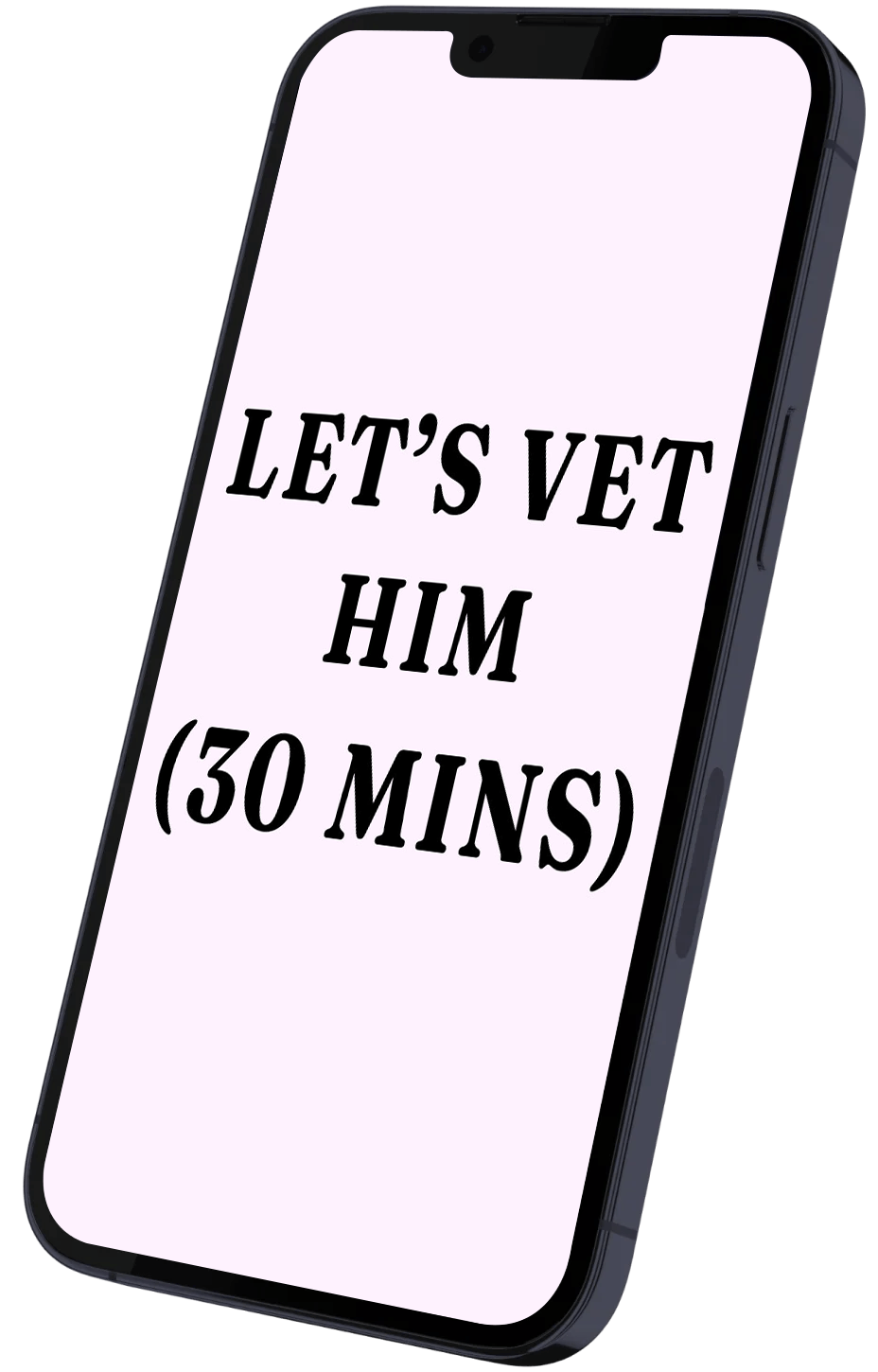 A smartphone displays the text "LET'S VET HIM (30 MINS)" on a light pink background, suggesting an informal assessment or meeting.