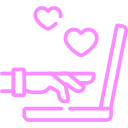 A hand reaches towards a laptop, surrounded by floating hearts, symbolizing online connection and love.